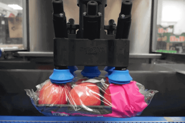 Close-up of a robotic pick and place end effector, featuring pneumatic gripper arms with suction cup attachments, poised above a conveyor system and highlighting its precision and technological sophistication.